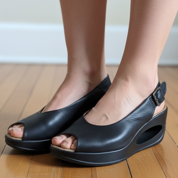 Fly London Shoes - Fly London Sz 6.5 (37) Black Leather Open Toes Lagenlook Wedge Sandals